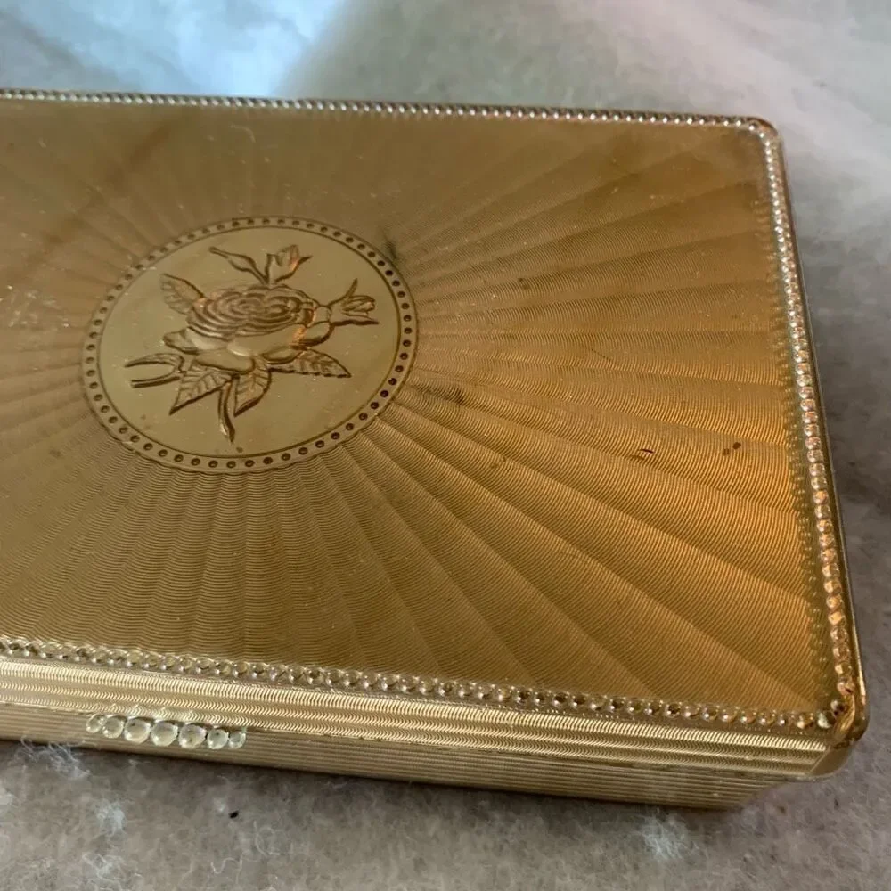 Vintage Gold Colored Plastic Box With Embossed Rose On Top